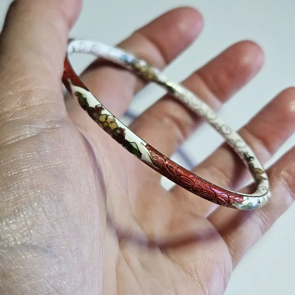 Gold Tone Vntg Carved Red Cinnabar White Cloisonne Bracelet 7.75